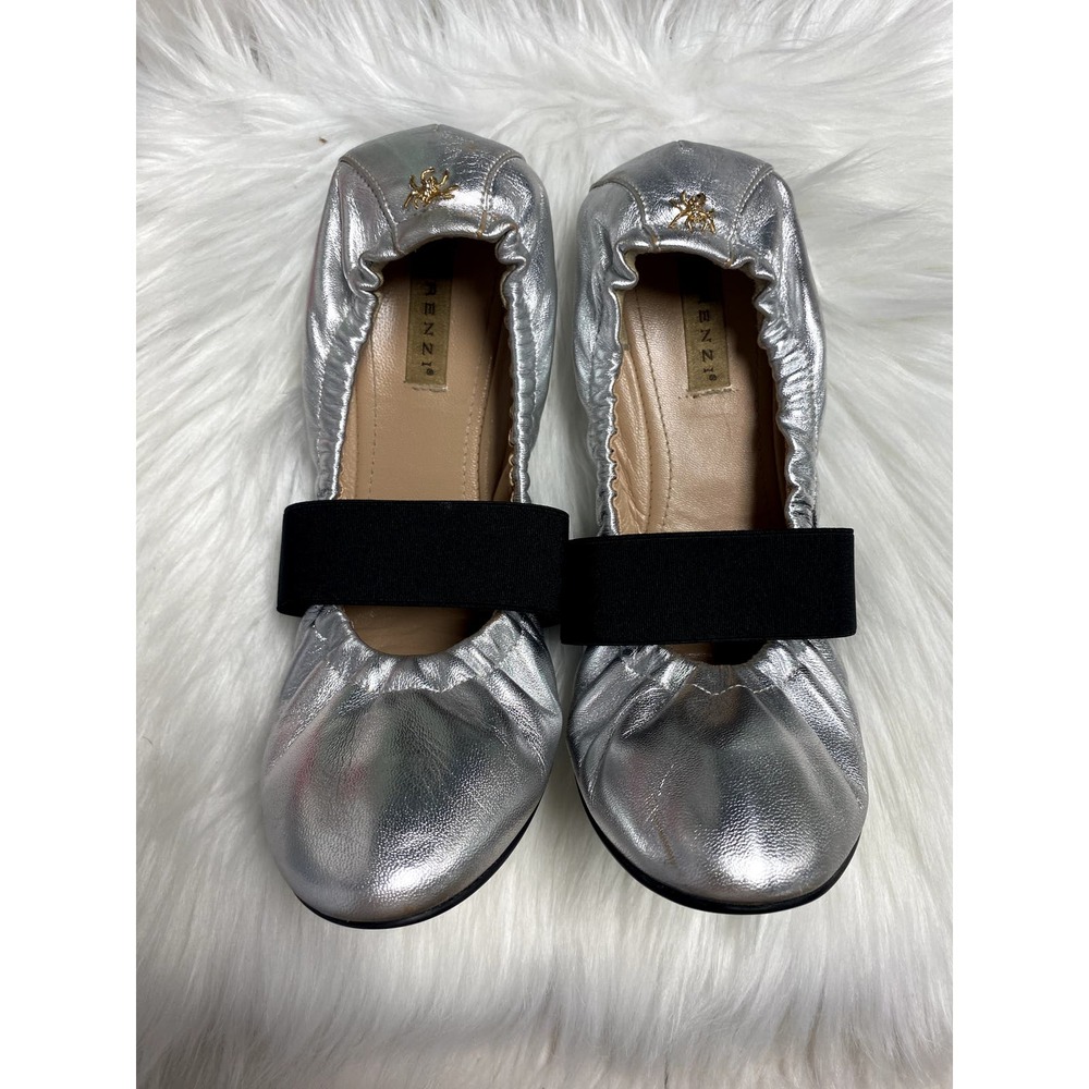 RENZO RENZI Renzi Banded Ballerina Travel Flats in Silver Leather Women's 10